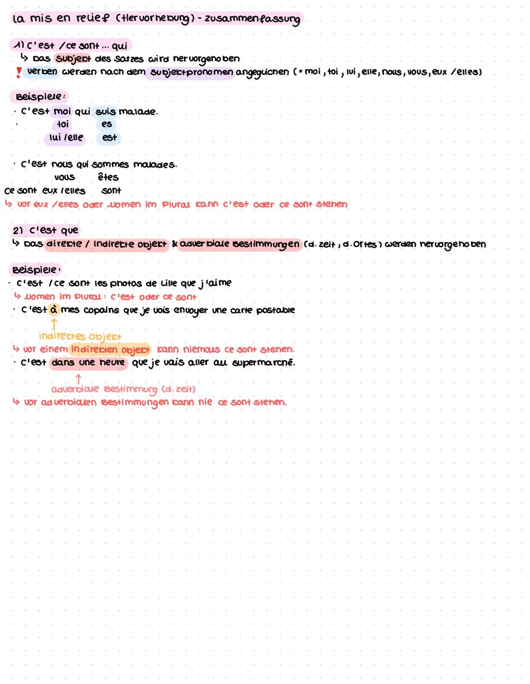 la mis en relief (Hlervorhebung) - zusammenfassung
A) C'est /ce sont ... qui
↳> bas Subject des Satzes wird ner vorgeno ben
verben werden na