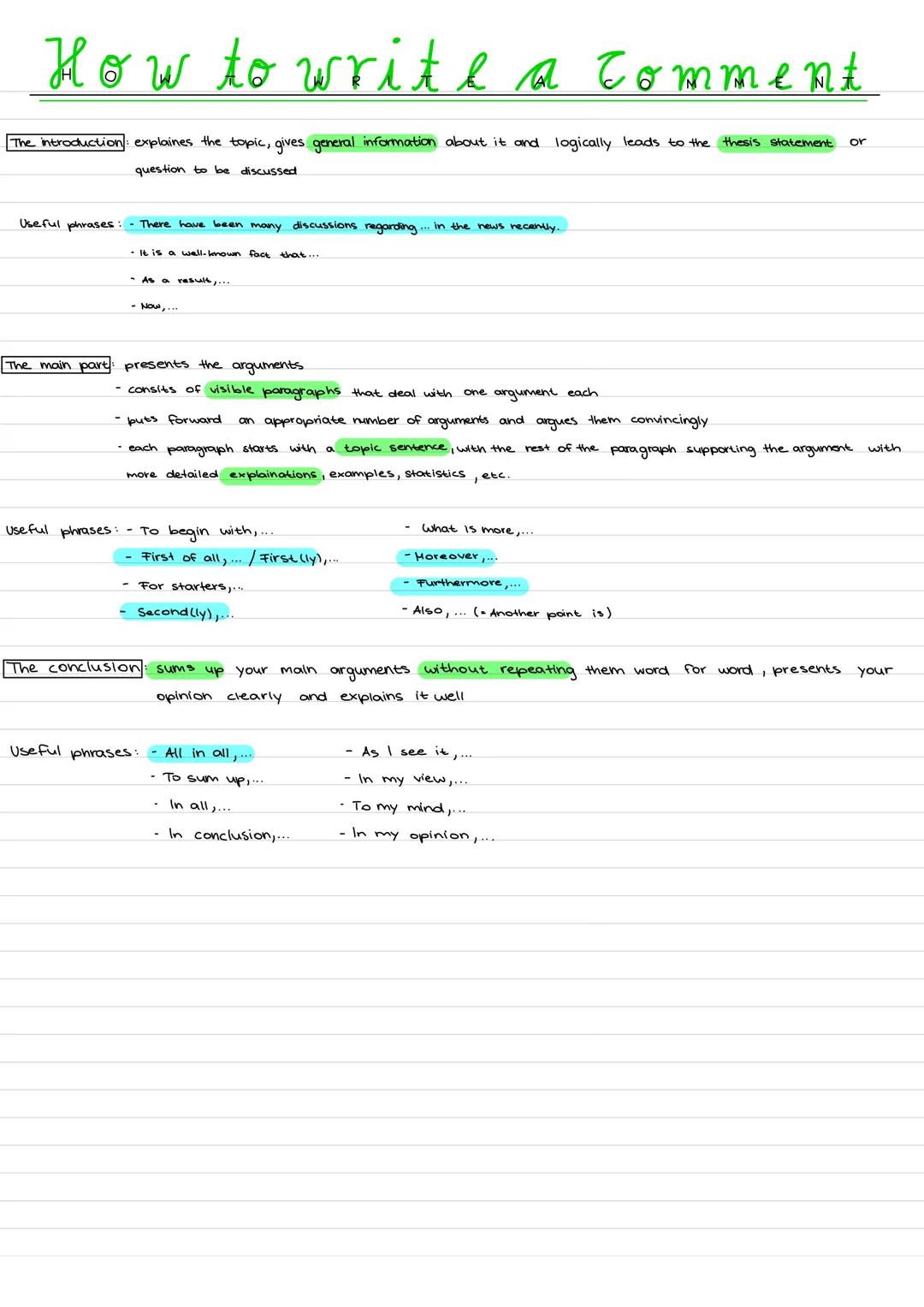 How to write a comment
The introduction: explaines the topic, gives general information about it and logically leads to the thesis statement