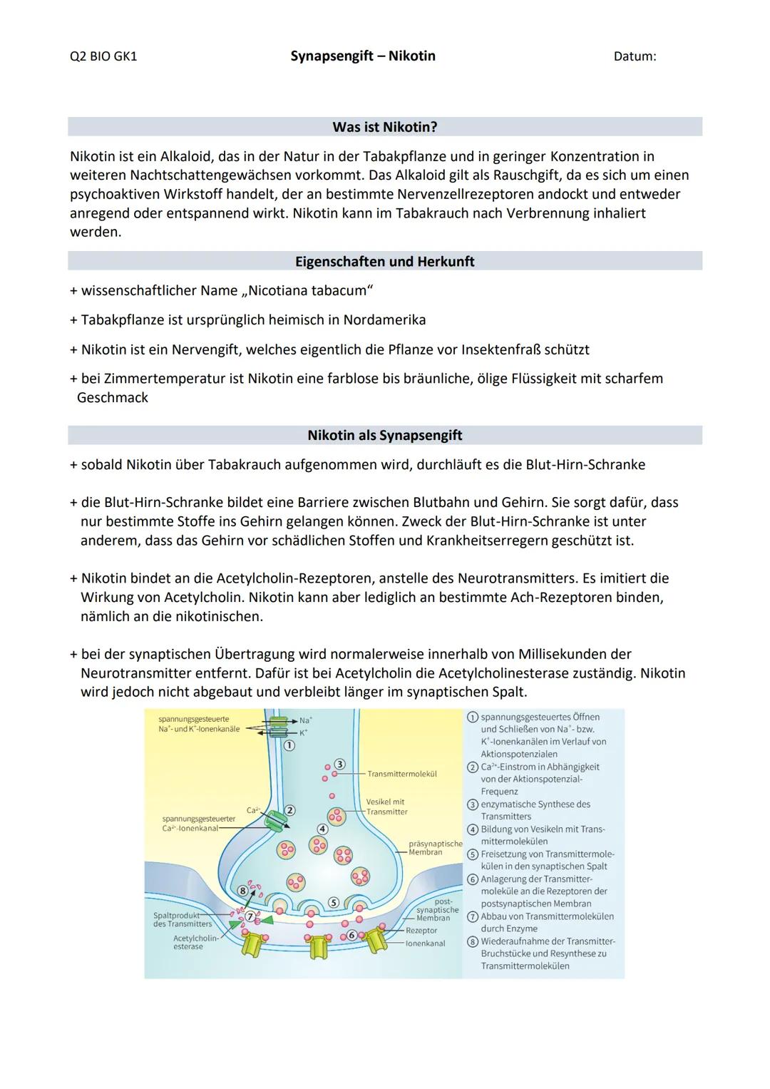 Q2 BIO GK1
Synapsengift - Nikotin
Datum:
Was ist Nikotin?
Nikotin ist ein Alkaloid, das in der Natur in der Tabakpflanze und in geringer K