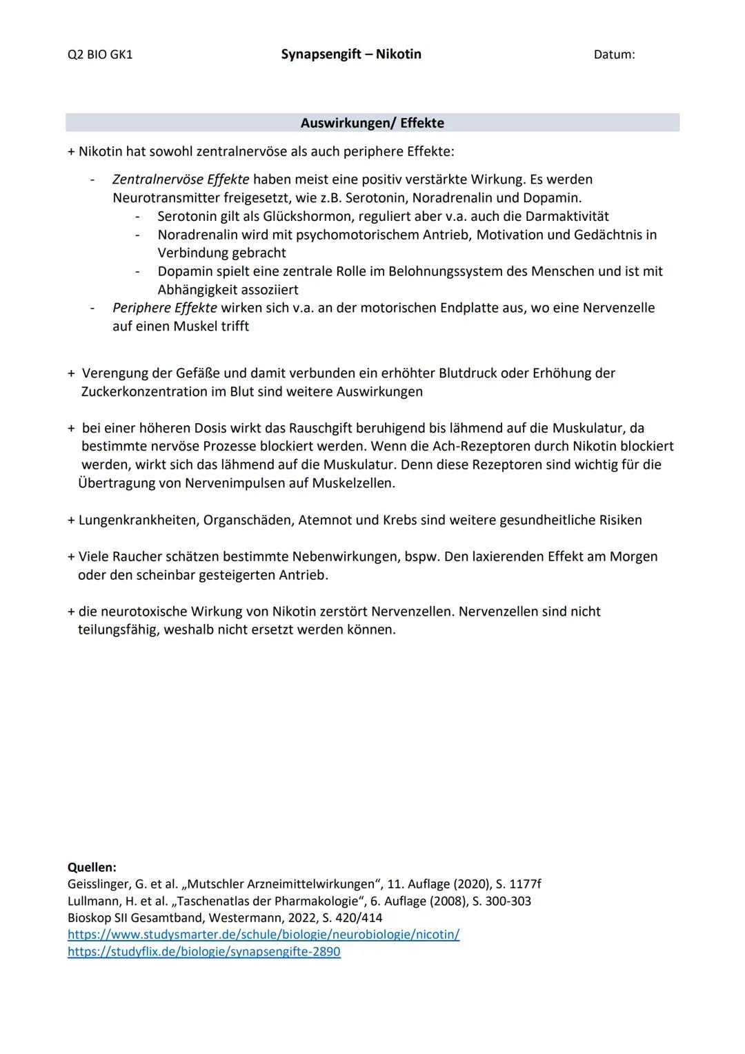 Q2 BIO GK1
Synapsengift - Nikotin
Datum:
Was ist Nikotin?
Nikotin ist ein Alkaloid, das in der Natur in der Tabakpflanze und in geringer K
