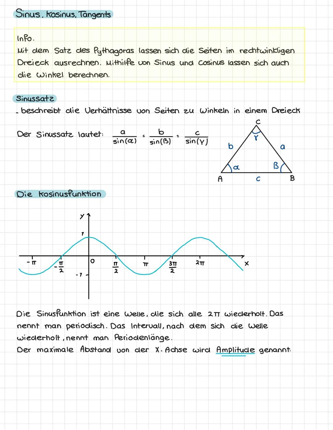 Sinus, Kosinus, Tangents
Info.
Mit dem Satz des Pythagoras lassen sich die Seiten im rechtwinkligen
Dreieck ausrechnen. Mithilfe von Sinus