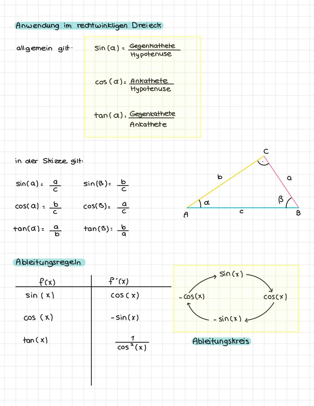 Sinus, Kosinus, Tangents
Info.
Mit dem Satz des Pythagoras lassen sich die Seiten im rechtwinkligen
Dreieck ausrechnen. Mithilfe von Sinus