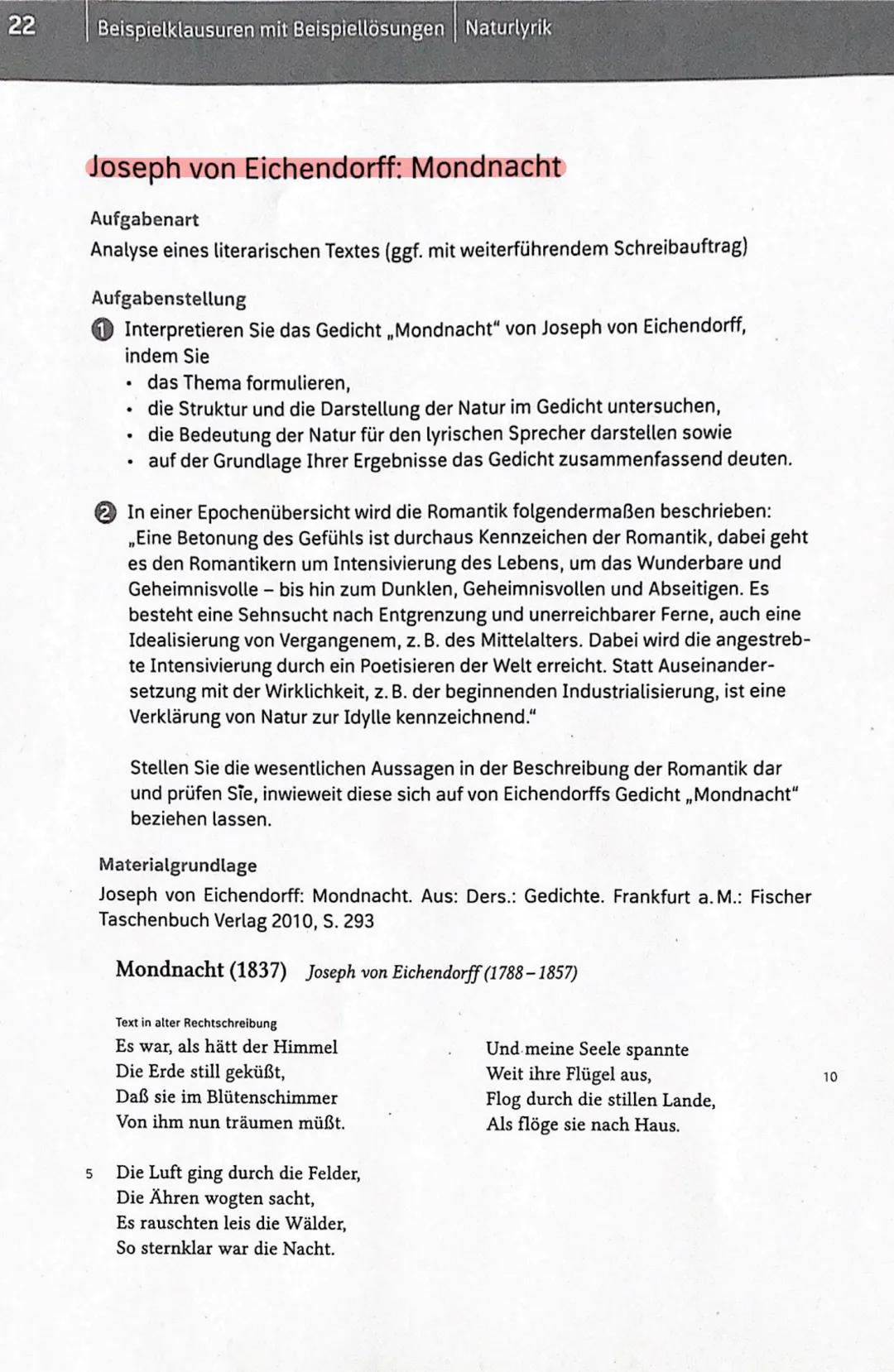 22
Beispielklausuren mit Beispiellösungen Naturlyrik
Joseph von Eichendorff: Mondnacht
Aufgabenart
Analyse eines literarischen Textes (ggf.