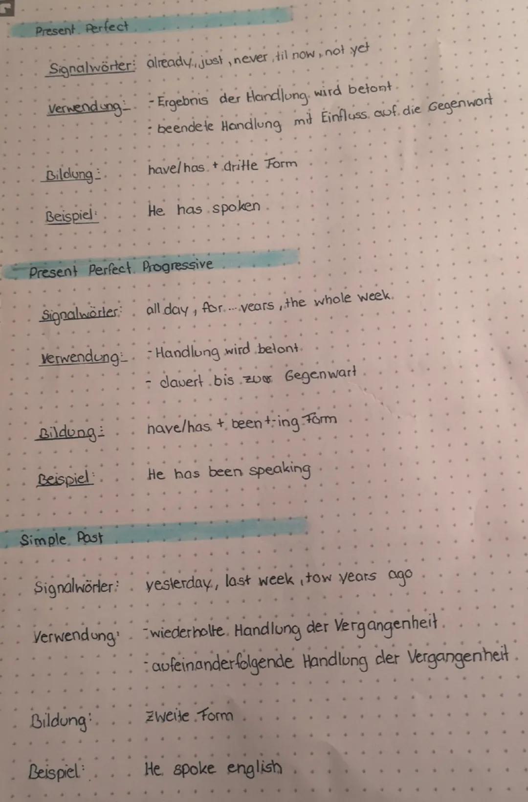 G
# Zeitformen
im Englischen
Simpel Present
Signalwörter: everyday, sometimes, always, often
Verwendung - Handlung in Gegenwart
- Fests