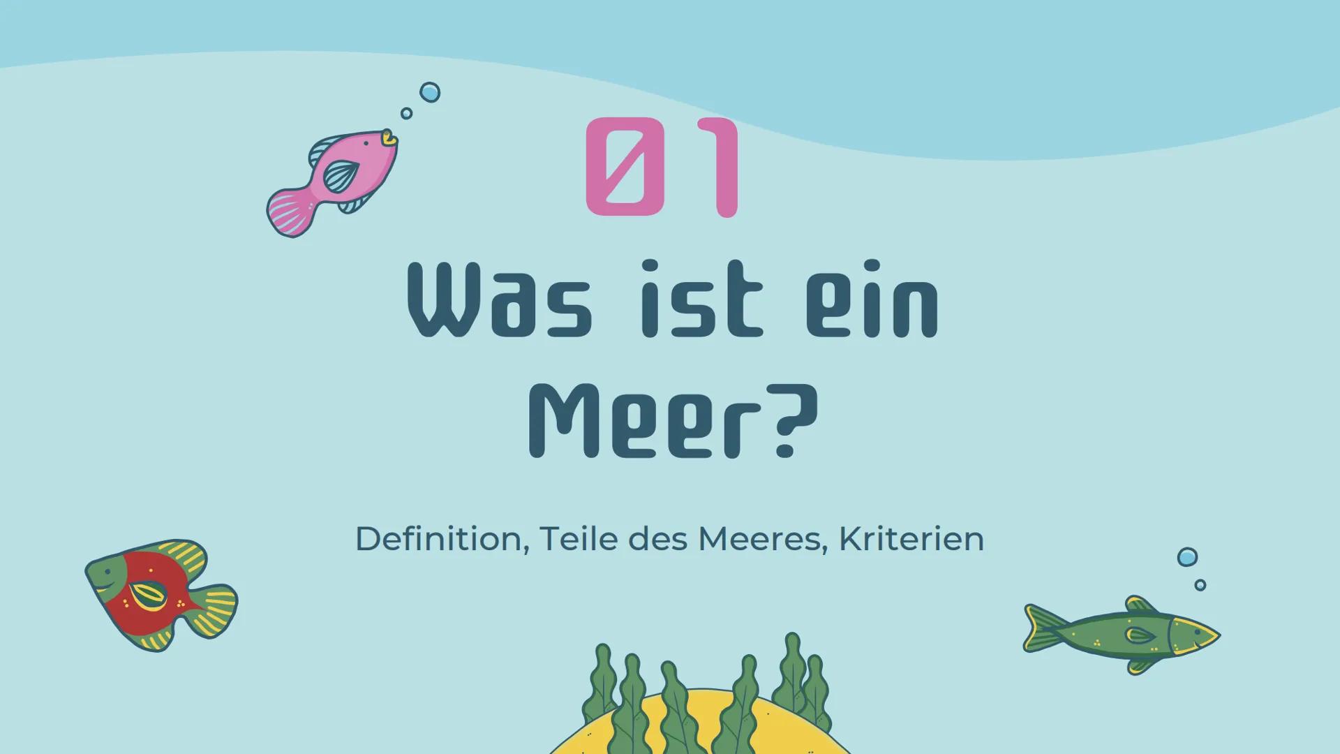 # Ökosystem
# Meer
Präsentation von Noemi Kirchner # Gliederung
01
Was ist ein Meer?
Definition, Teile des Meeres,
Kriterien
04
Relevanz