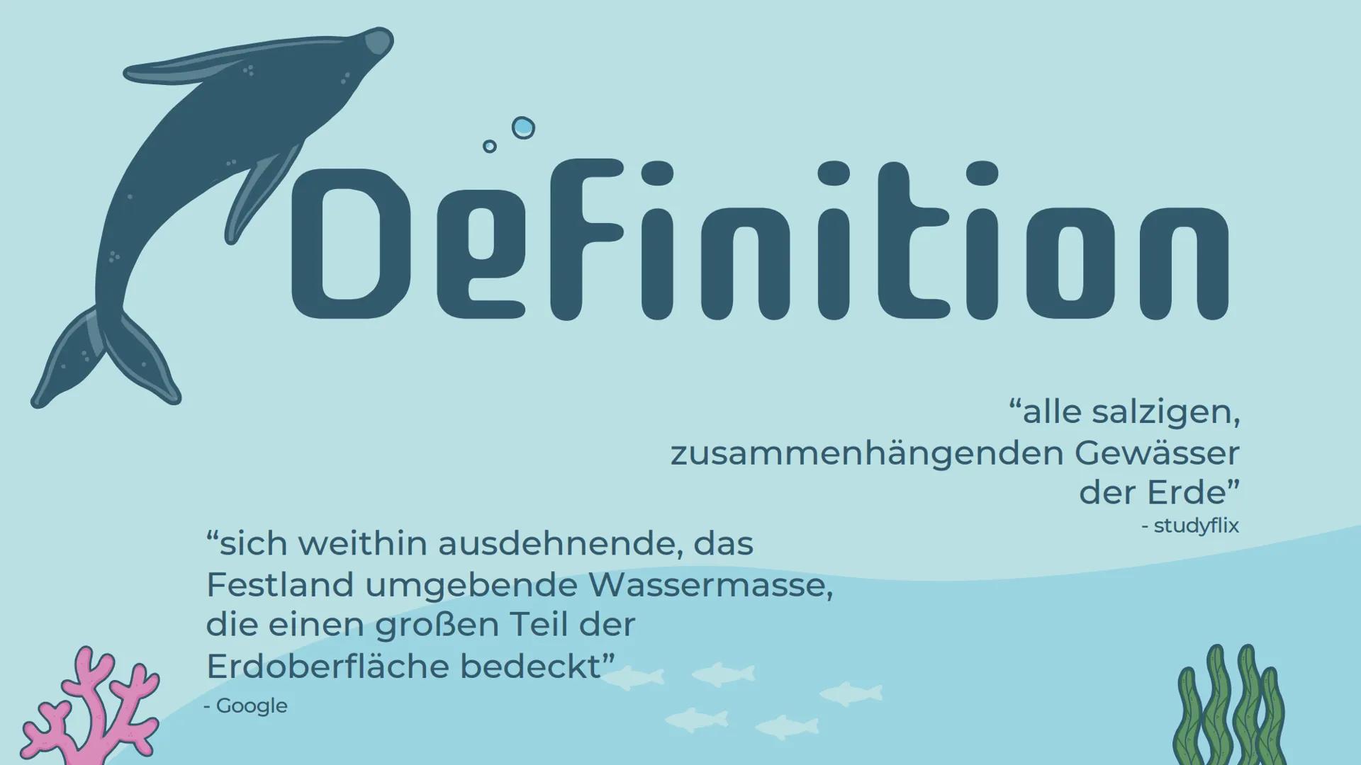 # Ökosystem
# Meer
Präsentation von Noemi Kirchner # Gliederung
01
Was ist ein Meer?
Definition, Teile des Meeres,
Kriterien
04
Relevanz