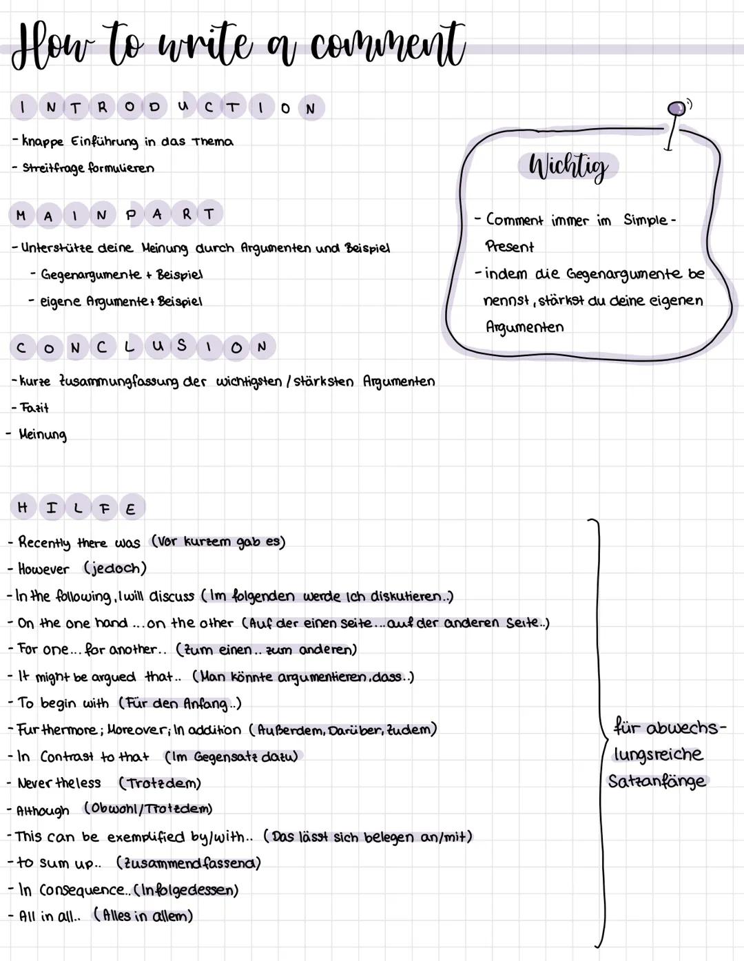 How to write a comment
I NT RO D U ст 1 ON
-knappe Einführung in das Thema
- Streitfrage formulieren
M A 1 N P A RT
- Unterstütze deine Mein
