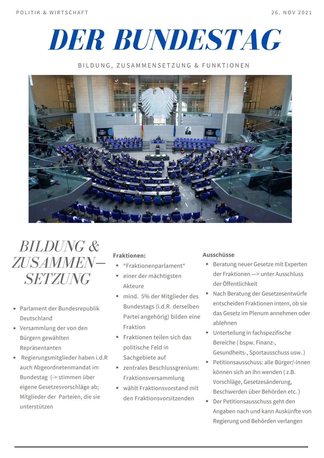 # POLITIK & WIRTSCHAFT
26. NOV 2021
# DER BUNDESTAG
BILDUNG, ZUSAMMENSETZUNG & FUNKTIONEN
# BILDUNG &
# ZUSAMMEN-
# SETZUNG
* Parlament