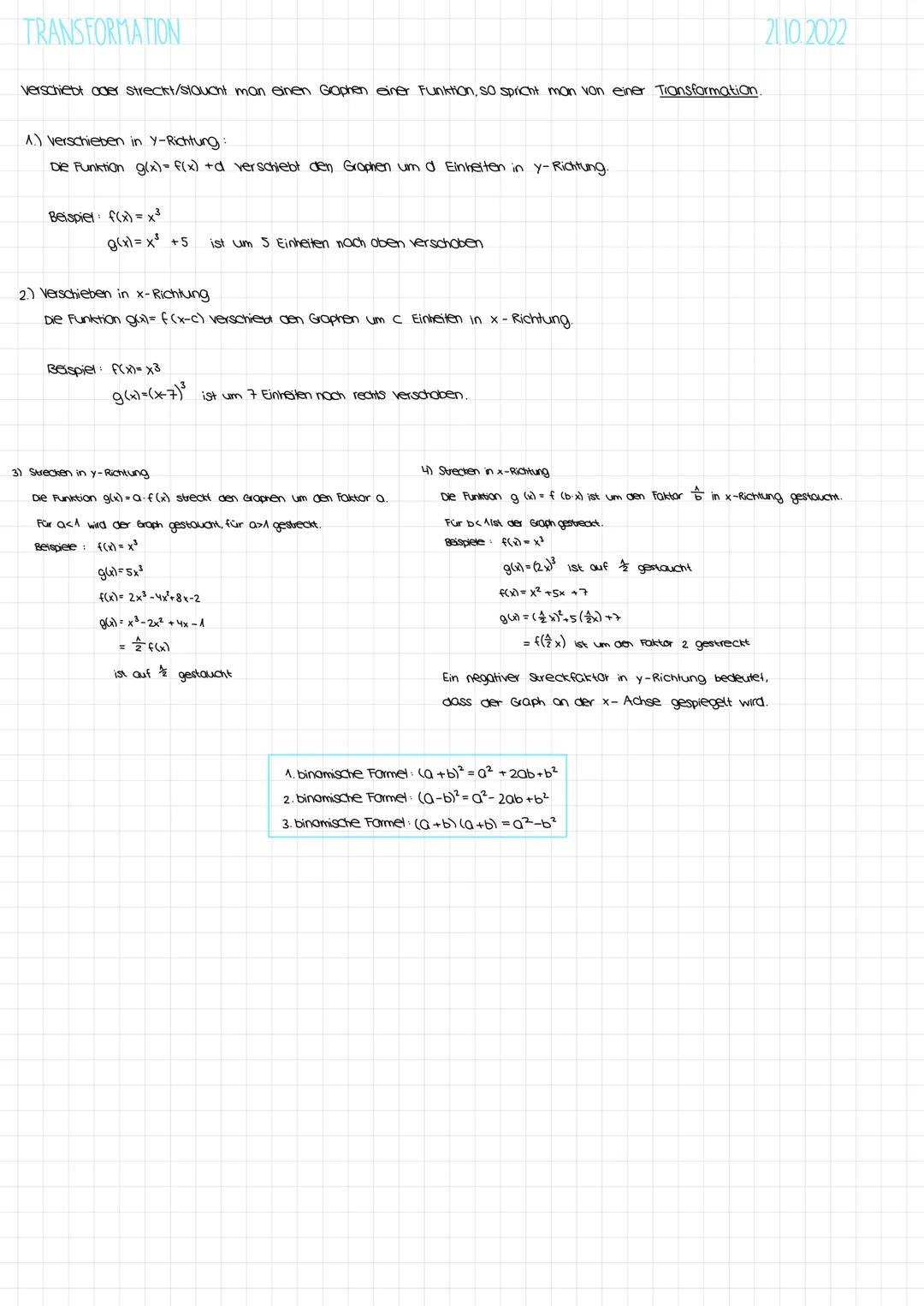 TRANSFORMATION
verschiebt oder Streckt/staucht man einen Graphen einer Funktion, so spricht man von einer Transformation.
1.) verschieben in