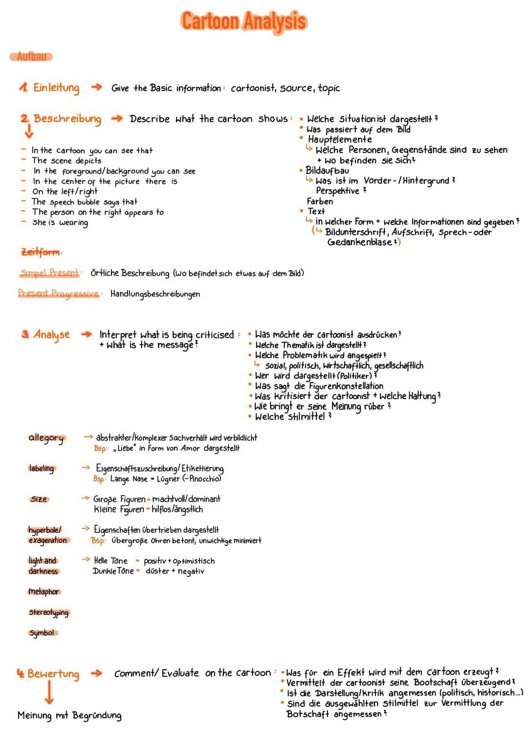 Aufbau
4. Einleitung
2. Beschreibung →Describe what the cartoon shows: Welche Situation ist dargestellt?
Was passiert auf dem Bild
Hauptelem