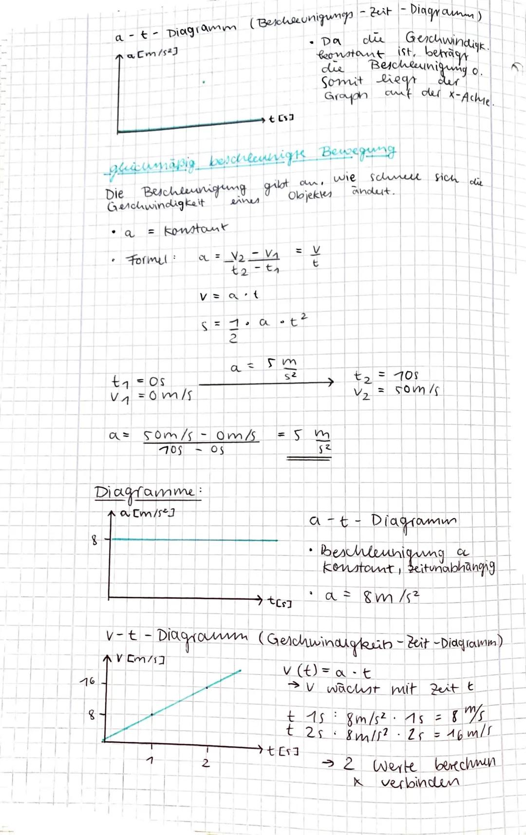 # Kinematik &
# Dynamik
gerichförmige Bewegung
•Formel: v= $\frac{s}{t}$
Geschwindigkeit konstant, Beschleunigung = 0
Einheiten immer in