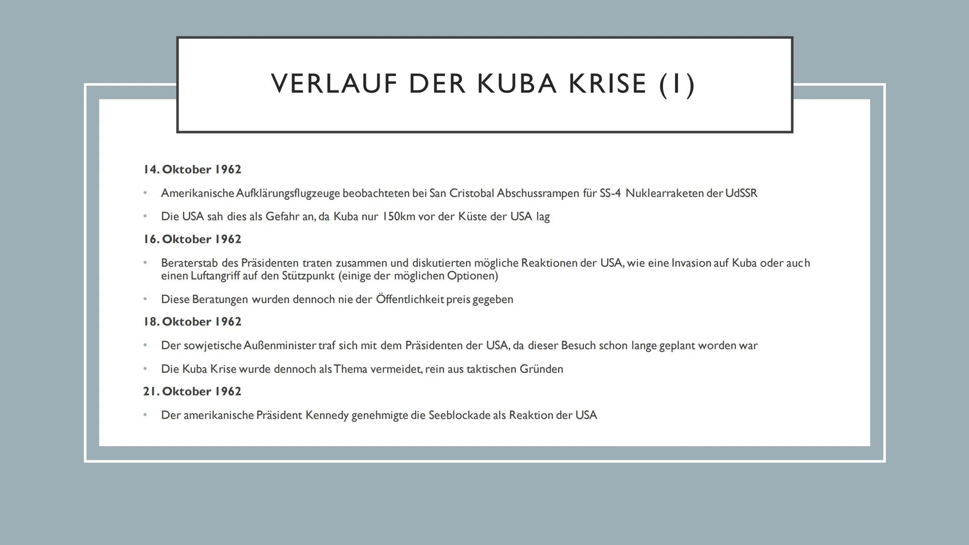 KUBA-KRISE • Entstehung der Kuba Krise
• Verlauf der Kuba Krise
• Lösung der Kuba Krise
• Folgen der Kuba Krise
INHALT ENTSTEHUNG
DER KUBA