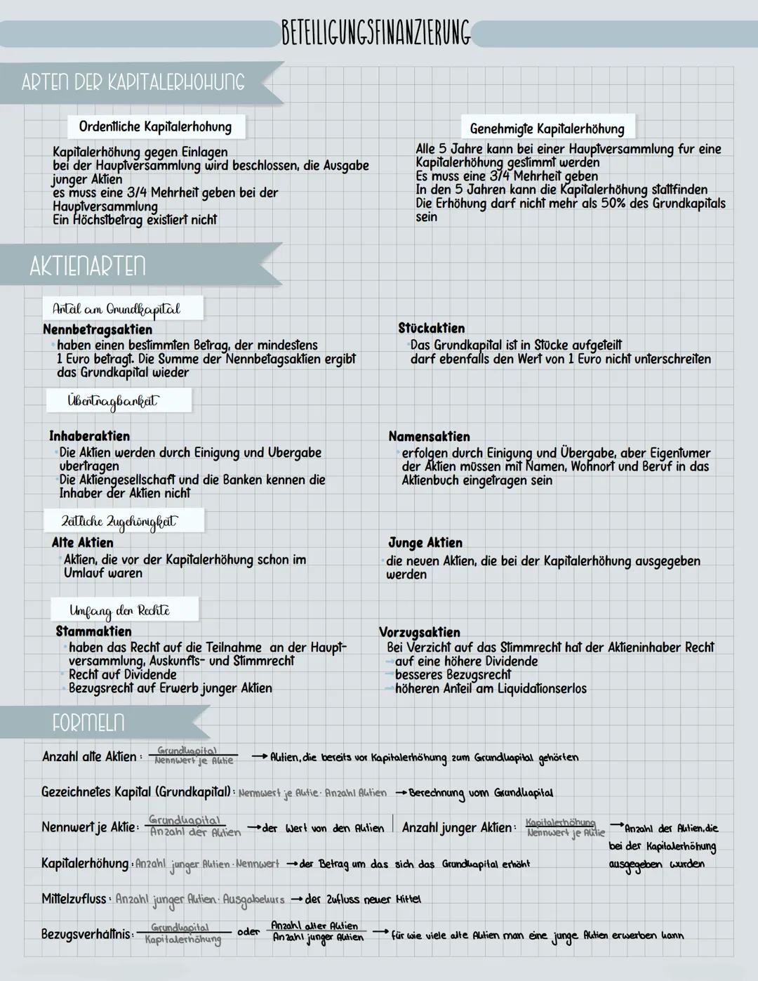 ARTEN DER KAPITALERHOHUNG
Ordentliche Kapitalerhohung
Kapitalerhöhung gegen Einlagen
bei der Hauptversammlung wird beschlossen, die Ausgabe