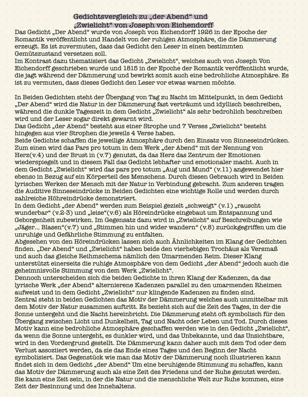 Gedichtsvergleich zu „der Abend" und
„Zwielicht" von Joseph von Eichendorff
Das Gedicht „Der Abend" wurde von Joseph von Eichendorff 1926 i