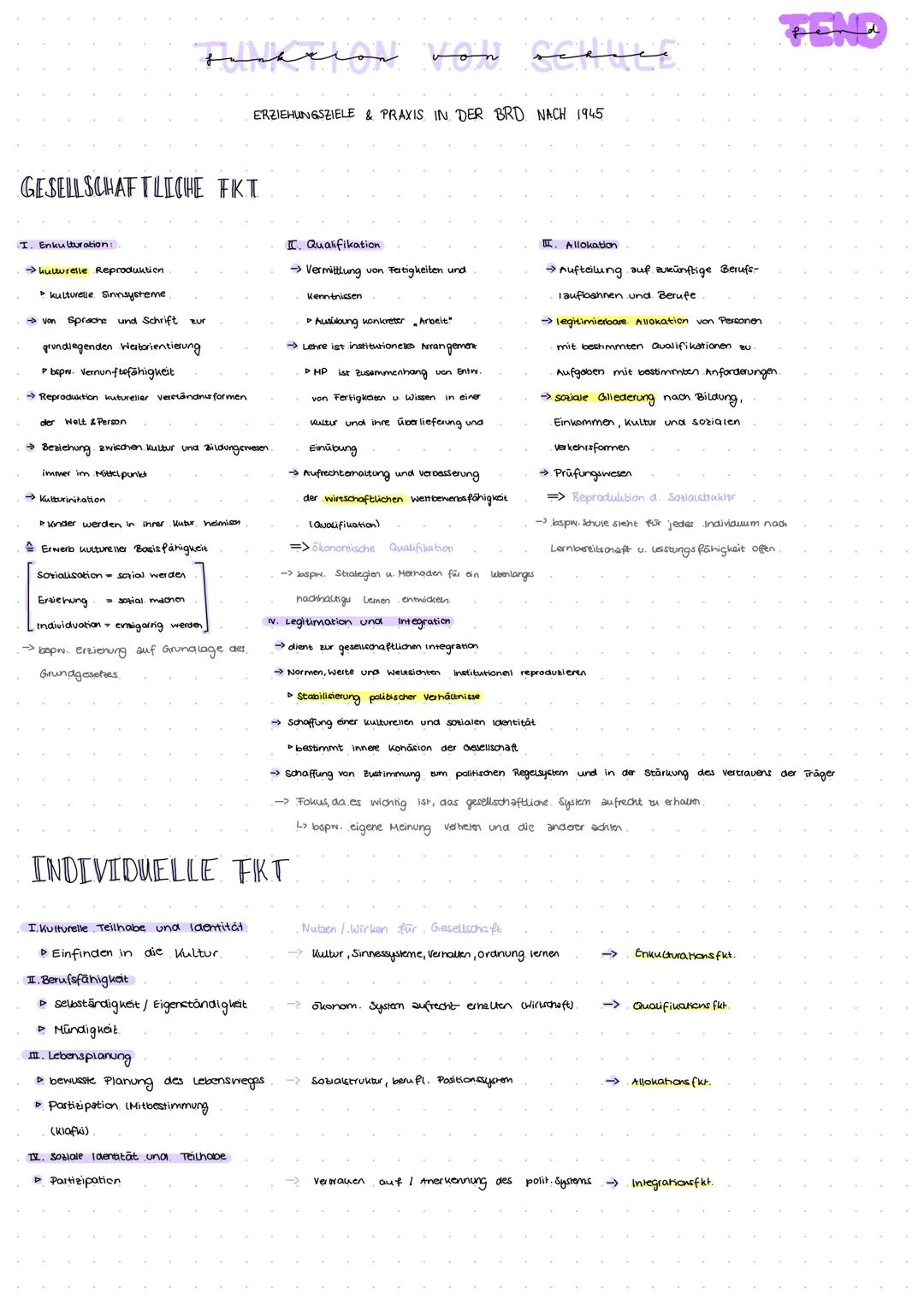 # Funktion von Schule
ERZIEHUNGSZIELE & PRAXIS IN DER BRD NACH 1945
GESELLSCHAFTLICHE FKT
I. Enkulturation:
* kulturelle Reproduktion