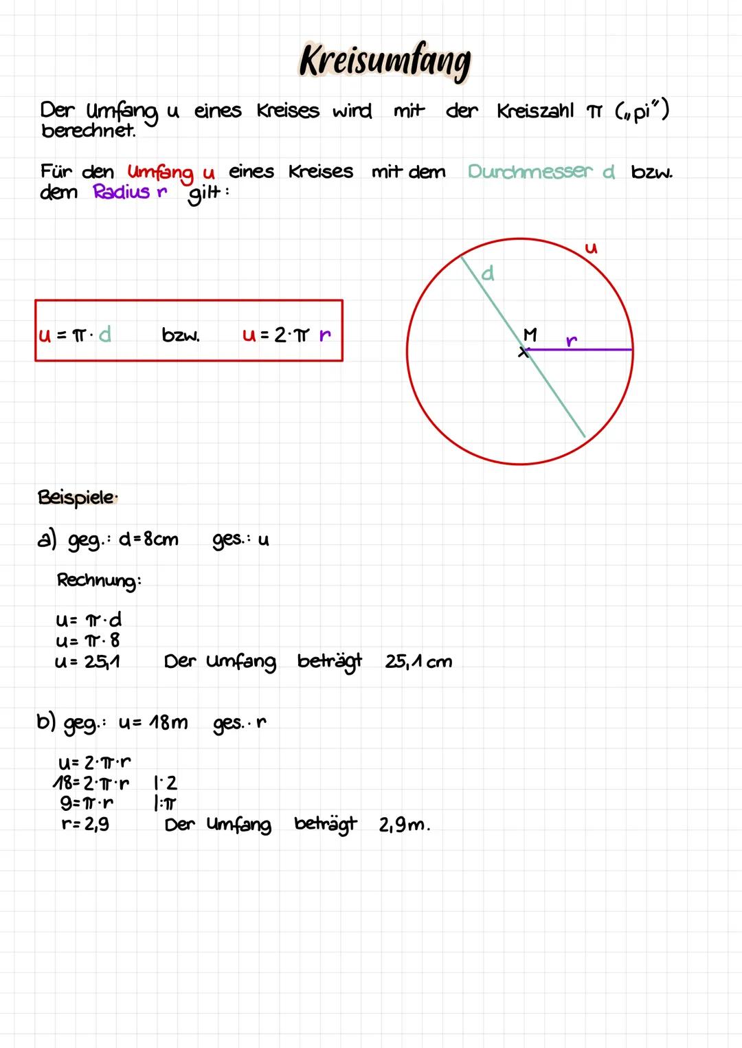 Kreisumfang
Der Umfang u eines Kreises wird mit der Kreiszahl πT („pi")
berechnet.
Für den Umfang u eines Kreises mit der Durchmesser d bzw.