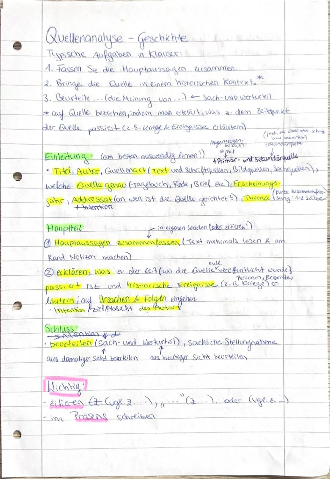 # Quellenanalyse - Geschichte
Typische Aufgaben in Klauser:
1. Fassen Sie die Hauptaussagen zusammen.
2. Bringe die Quelle in einem historis