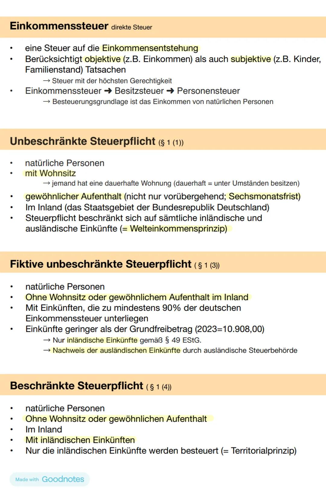 Einkommenssteuer direkte Steuer
eine Steuer auf die Einkommensentstehung
Berücksichtigt objektive (z.B. Einkommen) als auch subjektive (z. B